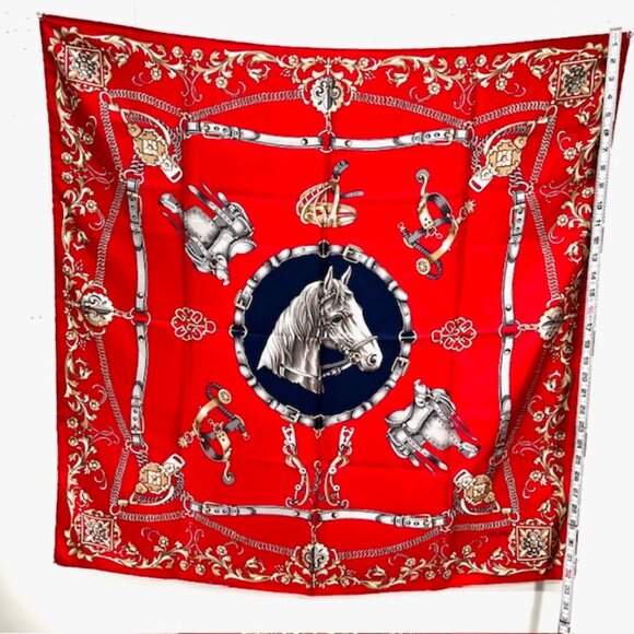 Unused Celine Paris 100% Silk Scarf Satin 34" Horse Red Blue Gold (36 - Picture 12 of 16